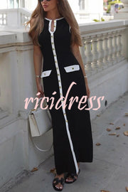 Elegant Slim Fit Crew Neck Buttoned Sleeveless Knit Midi Dress