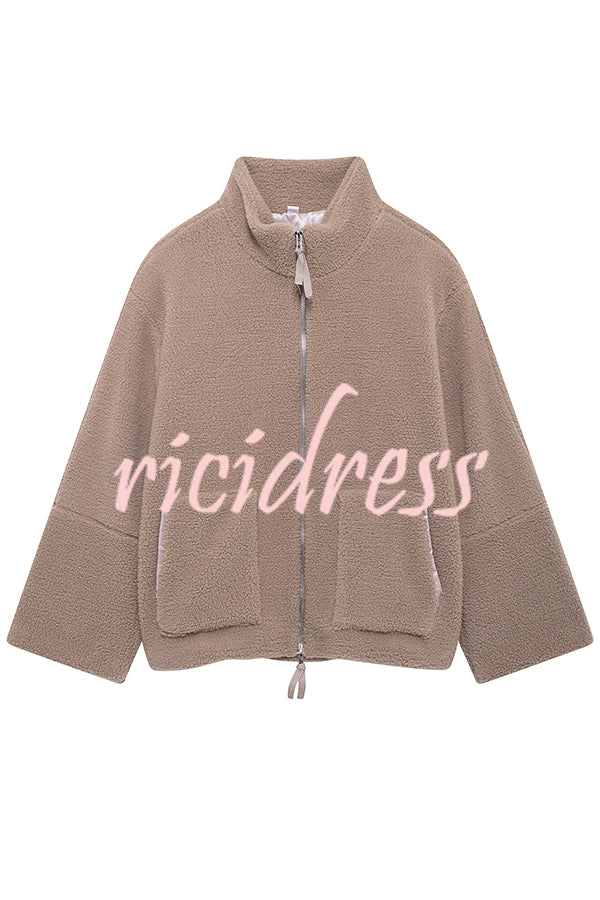 Solid Color Stitching High Collar Long Sleeve Loose Pocket Woolen Coat