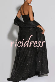 Paula Sequined Mesh and Jersey Off Shoulder Ruched Knot Drape Shawl Maxi Dress