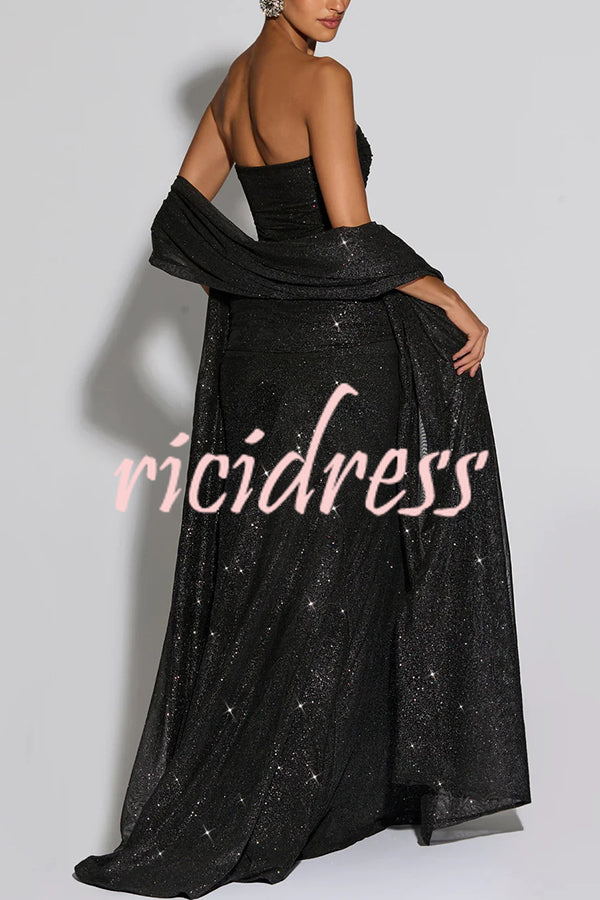 Paula Sequined Mesh and Jersey Off Shoulder Ruched Knot Drape Shawl Maxi Dress