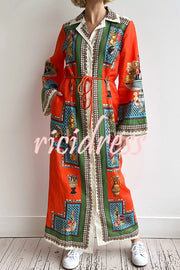 Linen Blend Unique Print Tie-waist Casual Maxi Dress