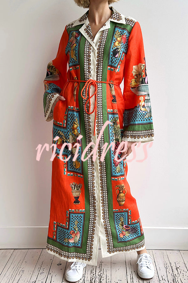 Linen Blend Unique Print Tie-waist Casual Maxi Dress