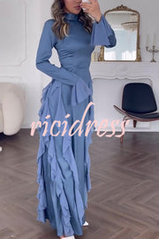 Cline Solid Color High Neck Long Sleeve Elegant Ruffles Maxi Dress