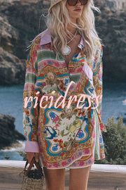 Oceans of Love Unique Print Patchwork Pocketed Loose Flow Shirt