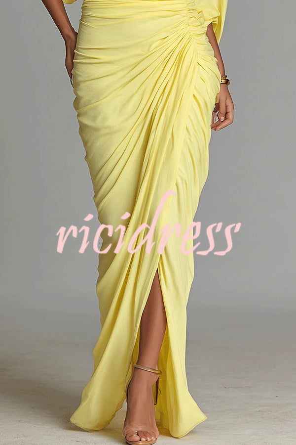 Fashionable High-neck Half-sleeve Waist-cinching Pleated Maxi Dress