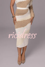 Soft Autumn Knit Colorblock High Rise Elastic Waistband Stretch Midi Skirt