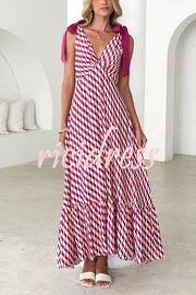 Unique Printed V-neck Sleeveless Lace-up Waist Maxi Dress