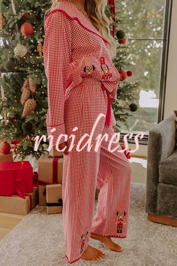 Nutcracker Charm Embroidered Gingham Loose Shirt and Elastic Waist Pajama Set