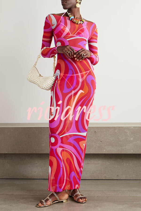 Pool Party Ready Mesh Unique Print Long Sleeve Stretch See-Through Maxi Dress
