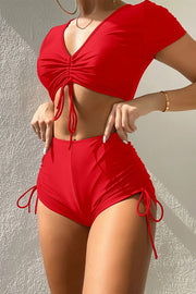 Solid V-Neck Drawstring High-Waist Stretch Two-Piece Bikini Swimsuit