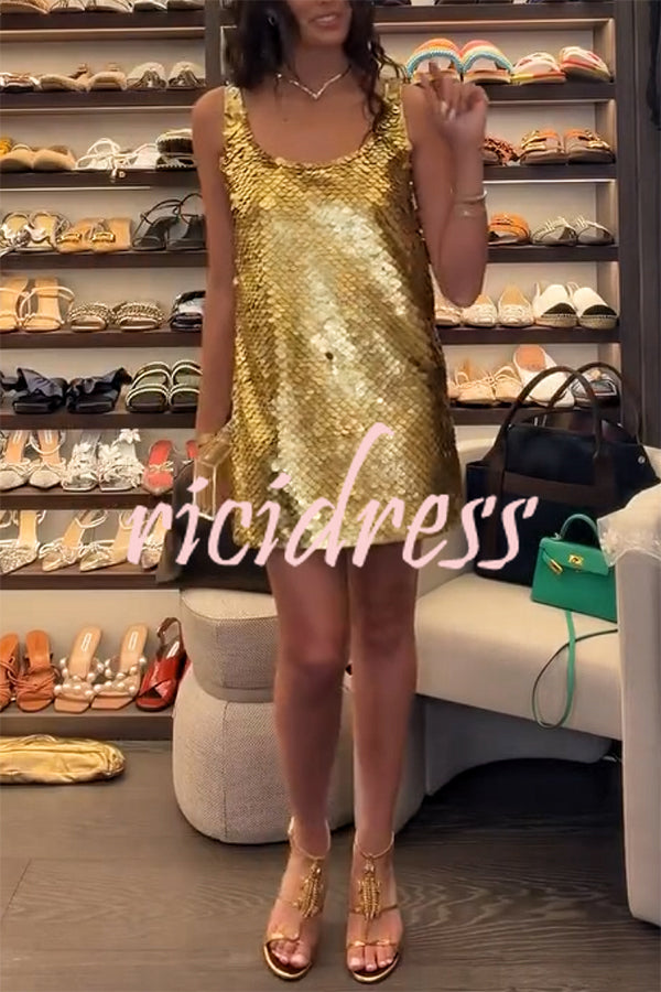 Golden Charm Impact Large Sequins Scoop Neck Tank A-line Mini Dress