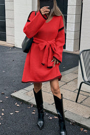 Stylish Loose-fitting Long-sleeved Tie-waist Knit Mini Dress