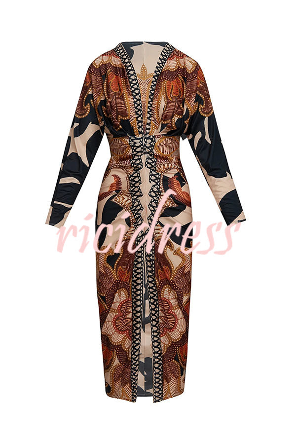 Verra Unique Print Dolman Long Sleeve Ruched Slit Midi Dress