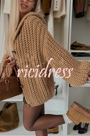 Warm Day Knit Button Up Long Balloon Sleeve Hooded Loose Cardigan