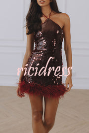 Chic City Sequin Faux Fur Trim Halter Tie-up Mini Dress