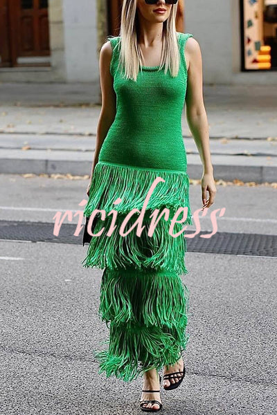 Solid Color Sleeveless Slim Fit Fringed Hem Knitted Midi Dress