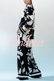 Unique Print Lapel Long Sleeve Loose Shirt and Elastic Waist Casual Pocket Wide Leg Pants Set