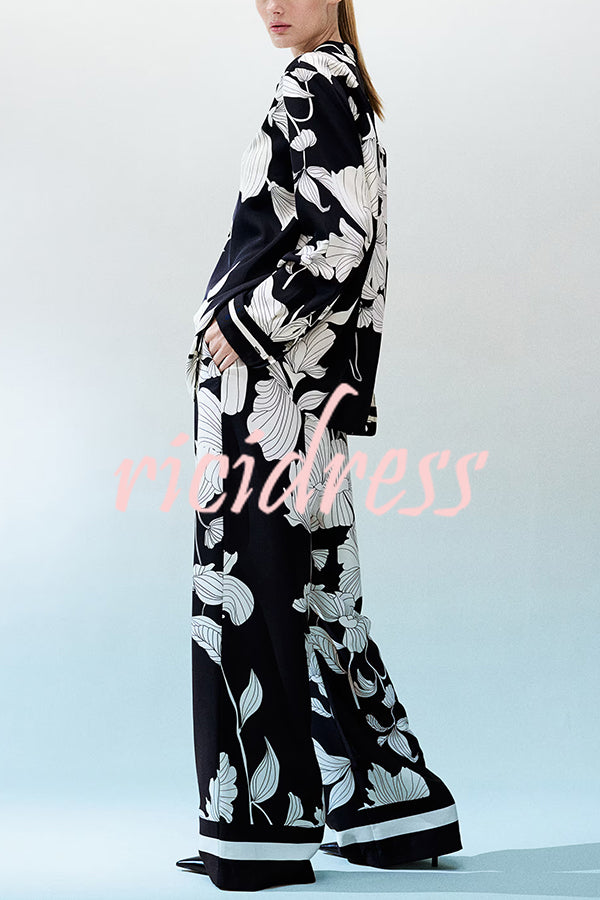 Unique Print Lapel Long Sleeve Loose Shirt and Elastic Waist Casual Pocket Wide Leg Pants Set