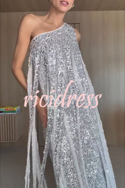 Holiday Muse Sequined Slit Tassels One Shoulder H-line Maxi Dress