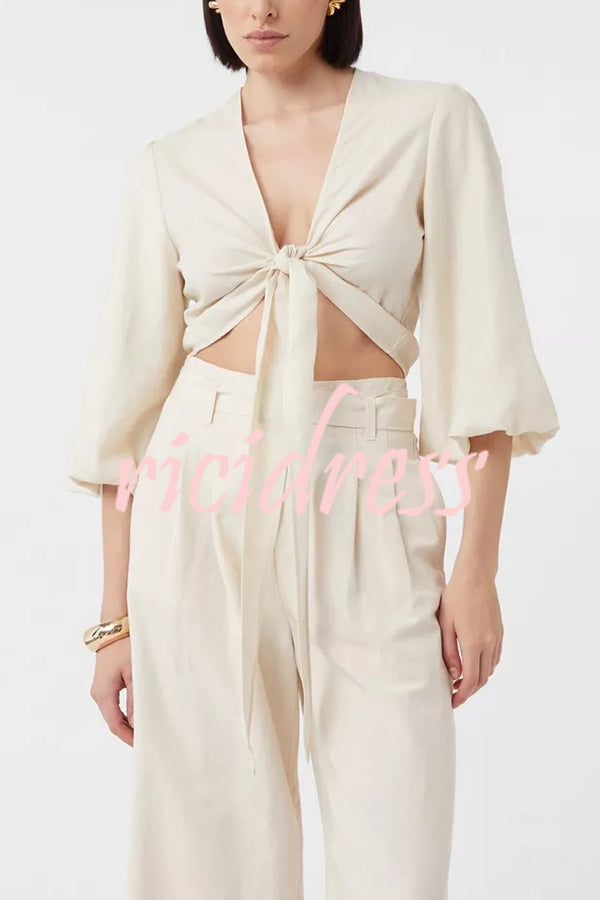 Lets Go Out Linen Blend Balloon Sleeve Wrap Tie-up Loose Top