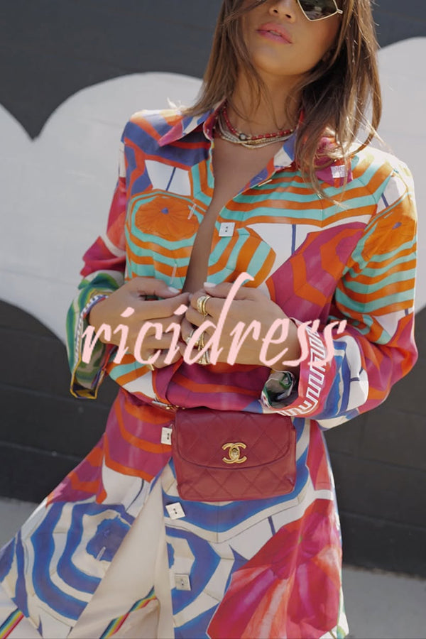 Elouise Satin Color Block Art Print Long Sleeve Button Back Elastic Waist H-line Mini Dress