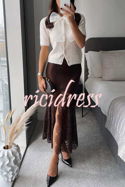 Cozy Sweet Darling Satin Lace Patchwork Mid Rise Slit Maxi Skirt