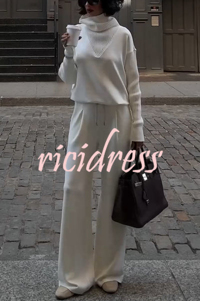 Morning Coffee Walks Ribbed Turtleneck Long Sleeve Sweatshirt and Elastic Waist Pocketed Loose Pants Set