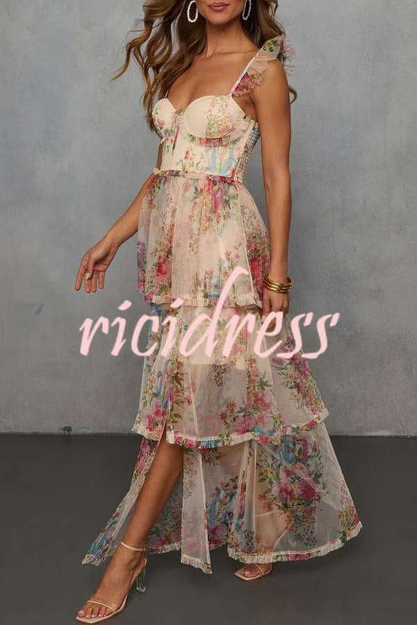Romantic and Elegant Mesh Floral Back Smocked Tiered Ruffle Maxi Dress
