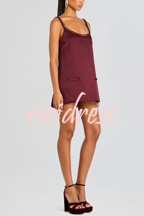 Taste Red Wine Satin Gemstone Trim Round Neck Slip H-line Mini Dress
