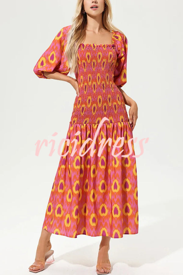 Venita Unique Printed Off Shoulder Balloon Sleeve Smocked Midi Dress