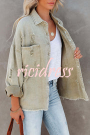 Stylish Lapel Long Sleeve Ripped Denim Jacket