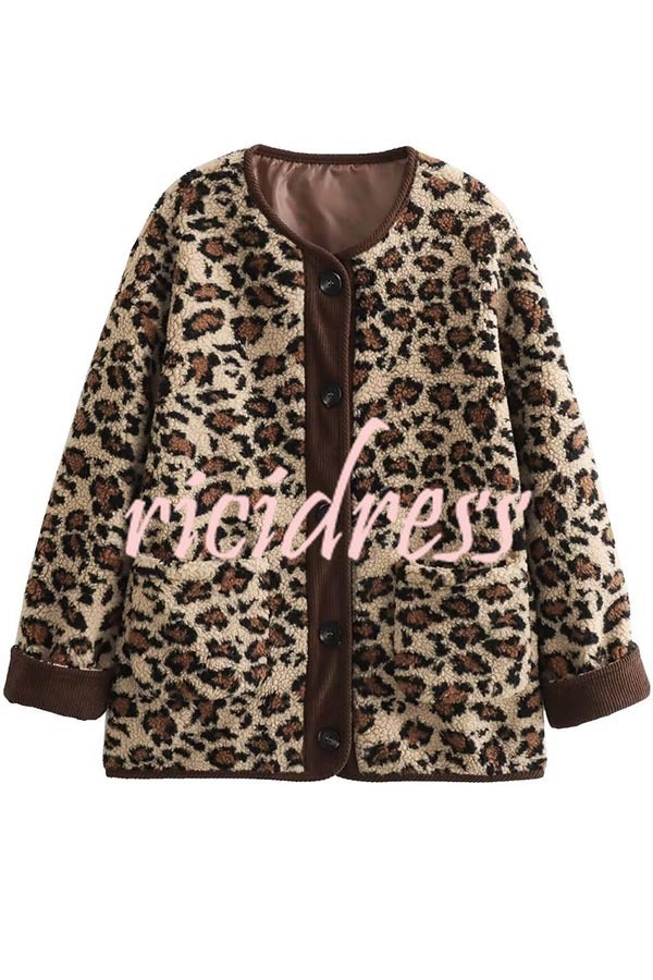 Warm Feel Colorblock Leopard Print Plush Button Up Pocketed Teddy Jacket