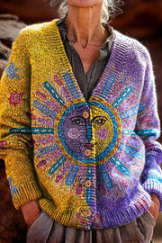 Unique Print V-Neck Long Sleeve Casual Knit Cardigan