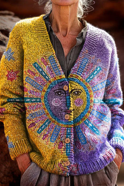 Unique Print V-Neck Long Sleeve Casual Knit Cardigan