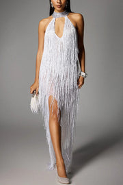 Glimmer Hour Shiny Layered Tassels Halter Cutout Neck Split Maxi Dress