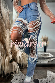 Stylish Multi-layered Pearl Chain Ripped Pocket Straight Jeans