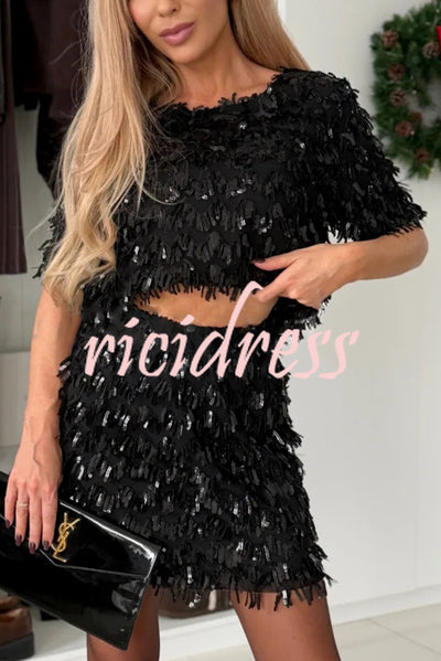 Polished Uptown Sequin Tassel Round Neck Short Sleeve Top and Elastic Waist Mini Skirt Set