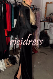 Eve Velvet Open Back Tassel Trim Long Sleeve Slit Maxi Dress