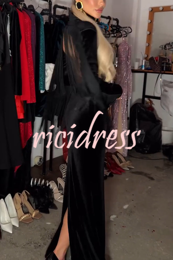 Eve Velvet Open Back Tassel Trim Long Sleeve Slit Maxi Dress