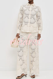 Lillah Embroidered Lace Shell Pattern Elastic Waist Pocket Wide Leg Pants