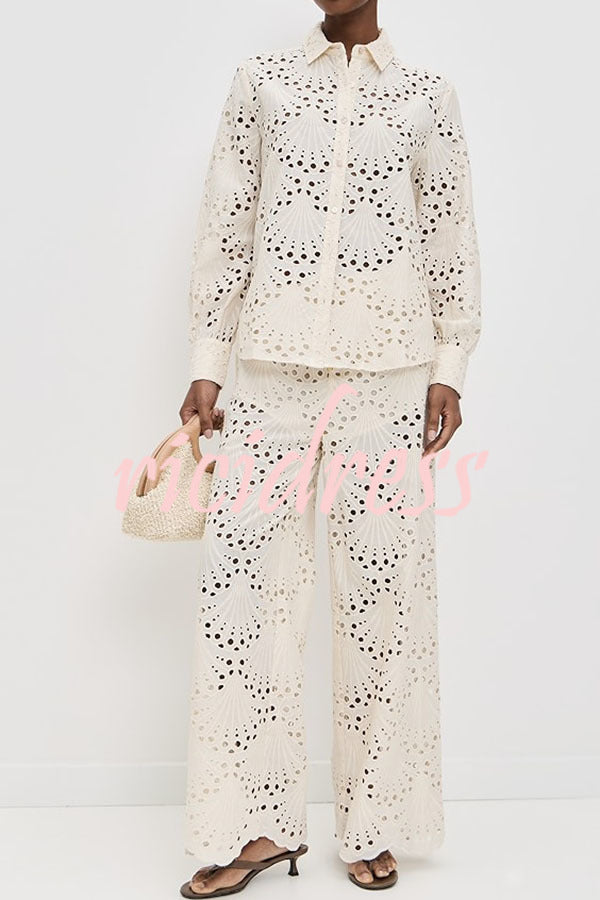 Lillah Embroidered Lace Shell Pattern Elastic Waist Pocket Wide Leg Pants