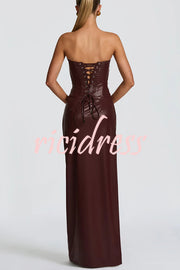 Alba Faux Leather Pleated Off Shoulder Neck Slit Stretch Maxi Dress