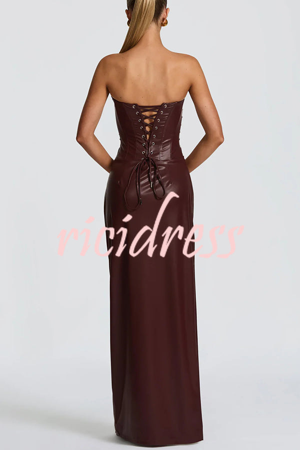 Alba Faux Leather Pleated Off Shoulder Neck Slit Stretch Maxi Dress
