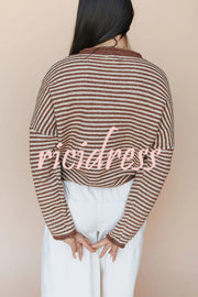 Fashionable Contrast Striped Casual Long-sleeved Knitted Cardigan
