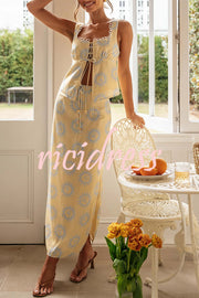 Fabulous Sunshine Print Lace Backless Slit Skirt Suit
