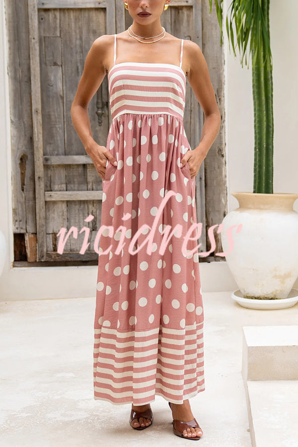 Striped Polka-dot Print Sling Pleated Open-back Maxi Dress