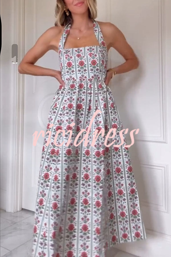 Summer Event Linen Blend Floral Pocketed Halter Maxi Dress