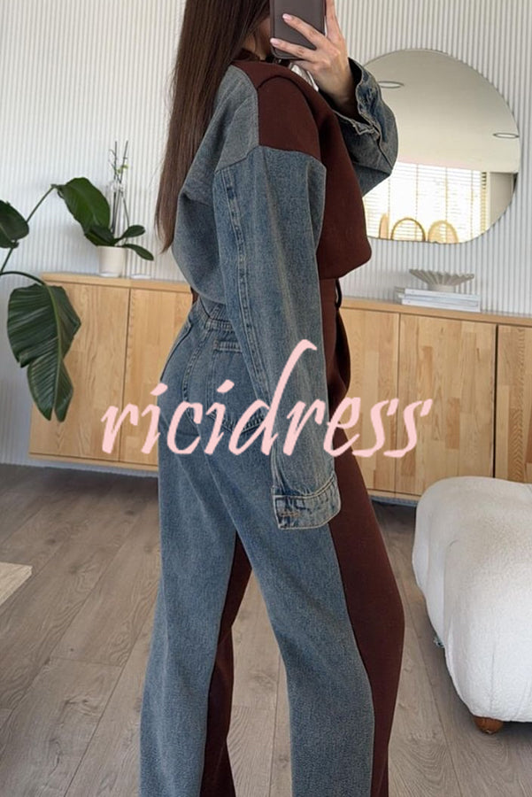 Sports Fashion Denim Patchwork Sweatshirt Fabric Zipper Long Sleeve Loose Jacket