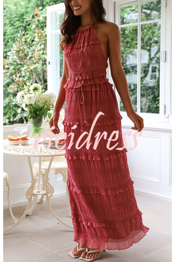 Feel Chic and Romantic Sequin Textured Material Drawstring Waist Tiered Maxi Skirt