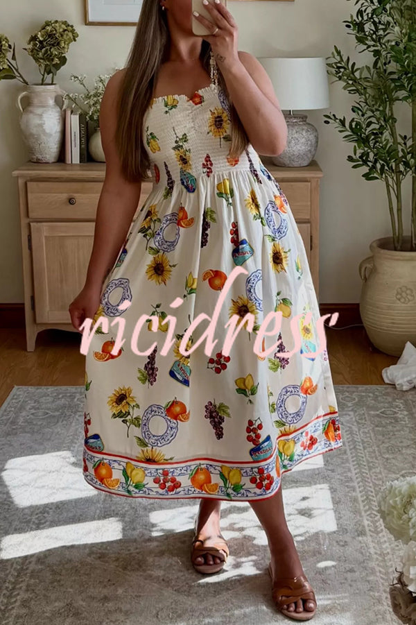 Summer Fruit Print Sling Pleated Vacation Midi Dress